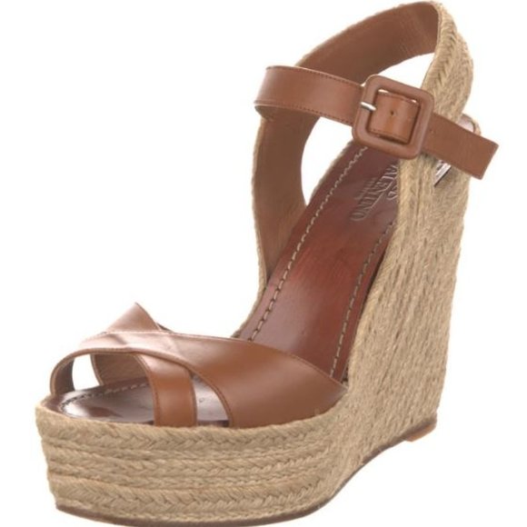 Valentino Shoes - VALENTINO GARAVANI ATELIER Leather Wedge Espadrilles Open Toe Light Brown 40